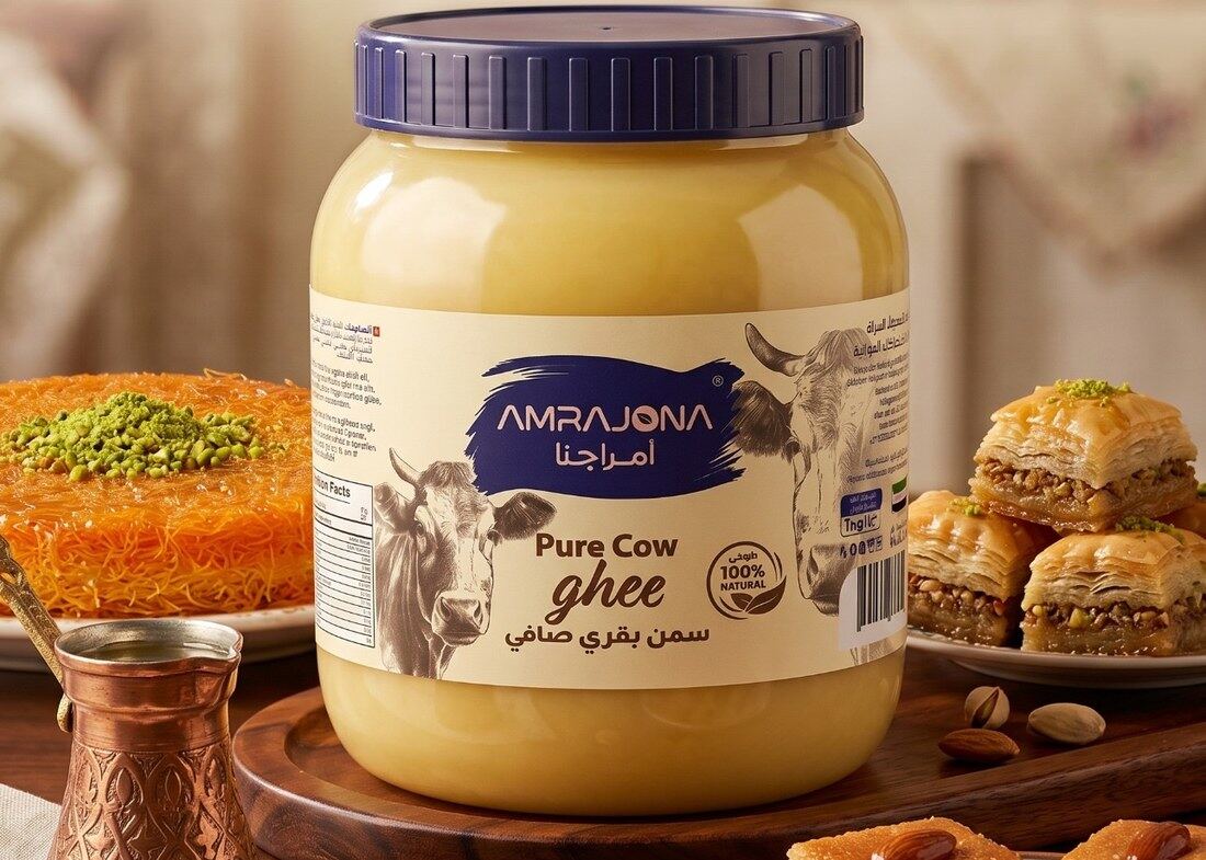 Baklava and kenafeh served with AMRAJONA ghee and Arabic coffee